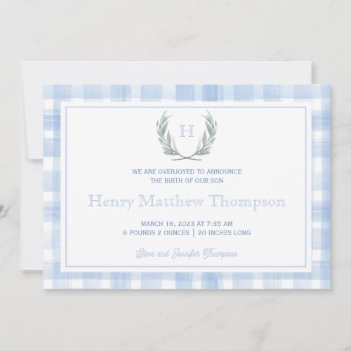 Watercolor Blue Gingham Laurel Crest  Announcement