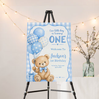 Watercolor Blue Gingham Little Bear 1st Birthday Foam Board