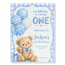Watercolor Blue Gingham Little Bear 1st Birthday