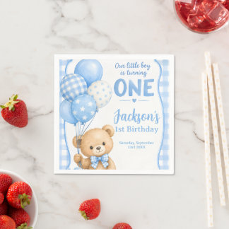 Watercolor Blue Gingham Little Bear 1st Birthday Napkins