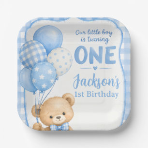 Watercolor Blue Gingham Little Bear 1st Birthday Paper Plates