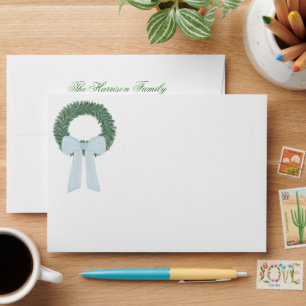 Watercolor Blue Gingham Sash Wreath Envelope