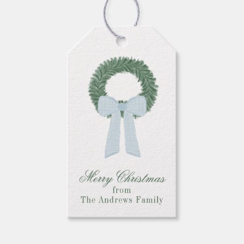 Watercolor Blue Gingham Sash Wreath Gift Tags