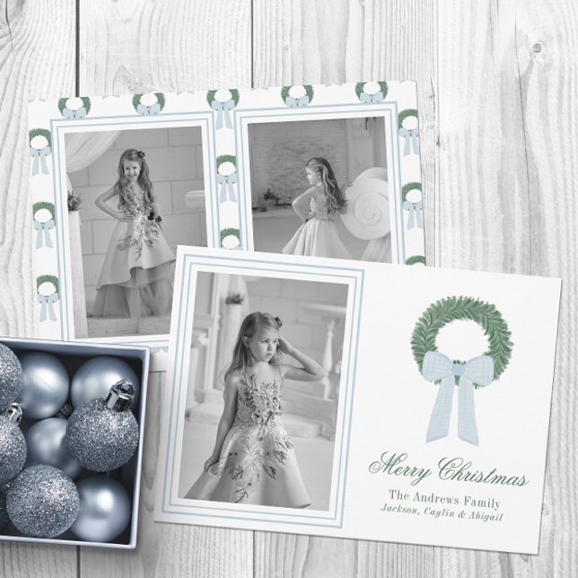 Watercolor Blue Gingham Sash Wreath Photo Holiday Card (Creator Uploaded)