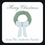 Watercolor Blue Gingham Sash Wreath Square Sticker<br><div class="desc">PreppyPrint.com - Celebrate Christmas in style! Add your personalized touch to these stickers. Transfer this design onto the products of your choice too! Please visit my designer store,  PreppyPrint.com,  for coordinating items.</div>
