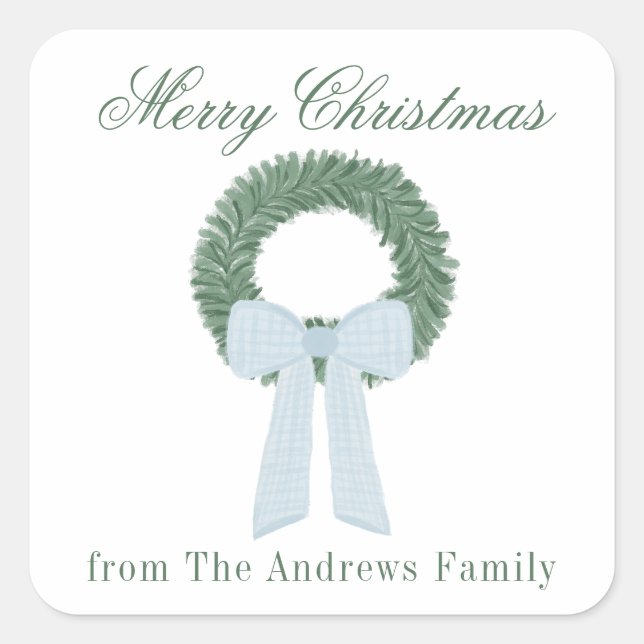Watercolor Blue Gingham Sash Wreath Square Sticker (Front)