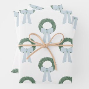 Watercolor Blue Gingham Sash Wreath Wrapping Paper Sheets