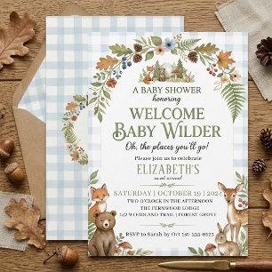Watercolor Blue Gingham Woodland Animals baby girl Invitation