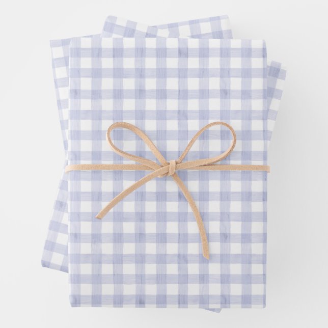 Watercolor Blue Gingham Wrapping Paper Sheets (In situ)