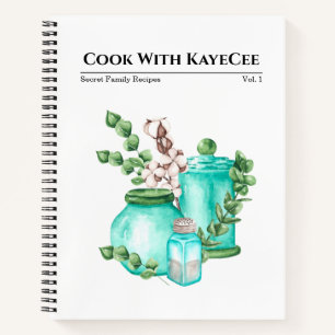 Watercolor Blue Glassware and Cotton Blank Recipe Notebook