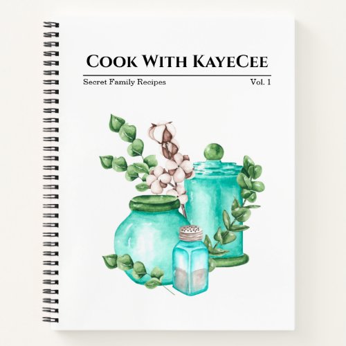 Watercolor Blue Glassware and Cotton Blank Recipe Notebook