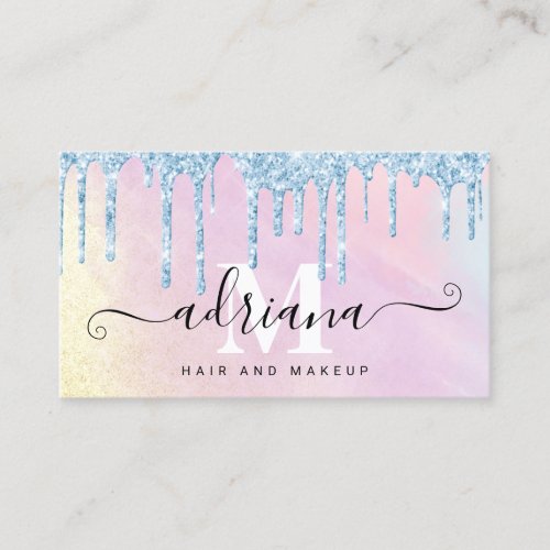 Watercolor blue glitter drips hair and makeup business card