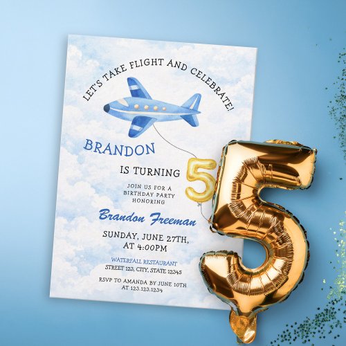 Watercolor Blue & Gold Airplane 5th Birthday