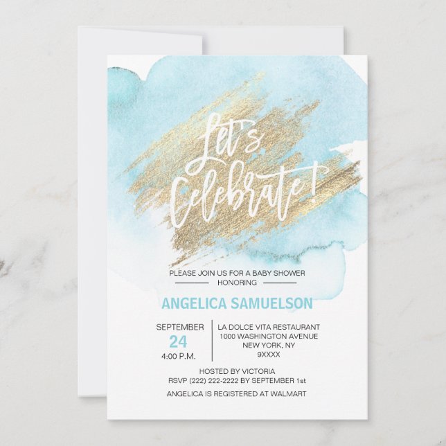 Watercolor Blue Gold Baby Shower Let's Celebrate Invitation (Front)