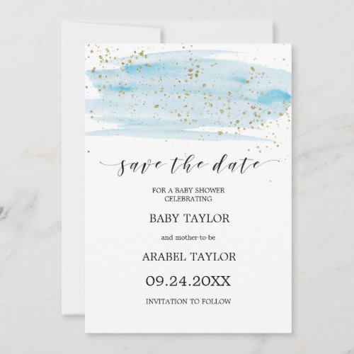 Watercolor Blue  Gold Baby Shower Save the Date Invitation