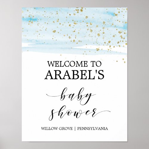 Watercolor Blue  Gold Baby Shower Welcome Poster