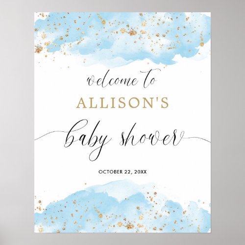 Watercolor blue gold boy baby shower welcome sign
