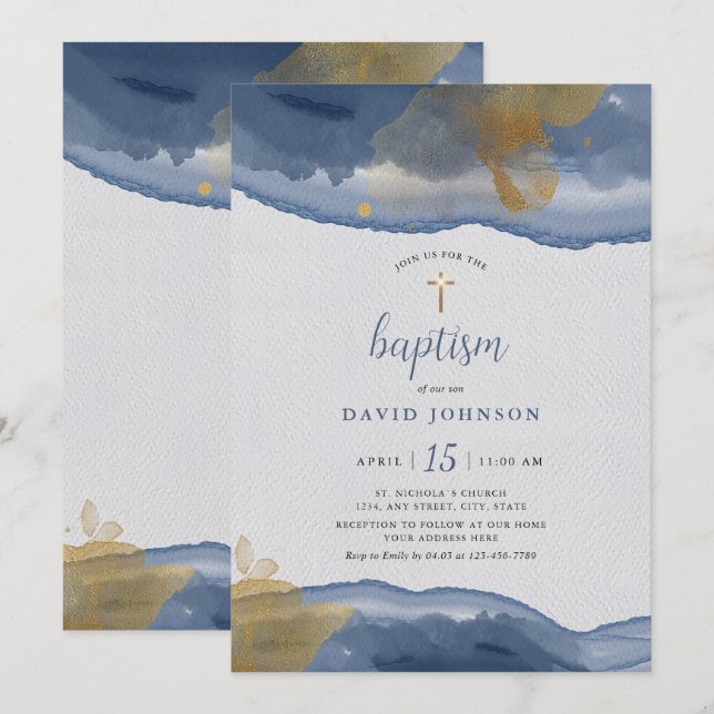  Watercolor Blue | Gold Boys Baptism Invitation (Front/Back)