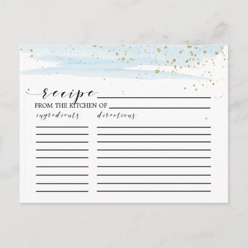 Watercolor Blue  Gold Bridal Shower Recipe Cards