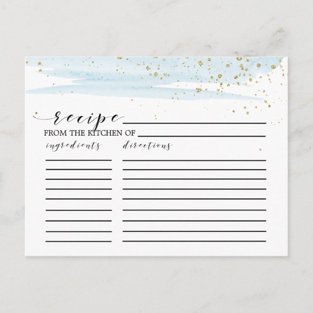 Watercolor Blue & Gold Bridal Shower Recipe Cards (Front)