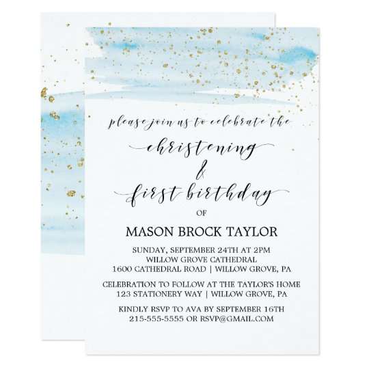 Watercolor Blue Gold Christening 1st Birthday Invitation