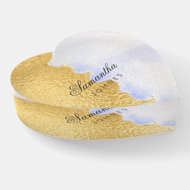 Watercolor Blue Gold Faux Foil Monogram Paperweight (Angled)