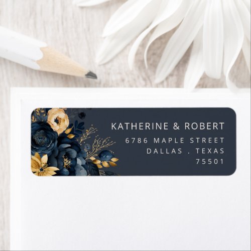 Watercolor Blue Gold Floral Return Address Label