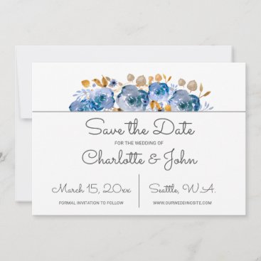 Watercolor Blue Gold Floral save the dates Save The Date