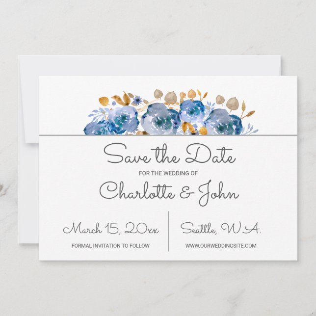 Watercolor Blue Gold Floral save the dates Save The Date (Front)