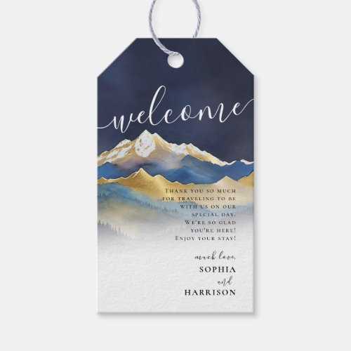 Watercolor Blue Gold Foil Mountain Outdoor Wedding Gift Tags