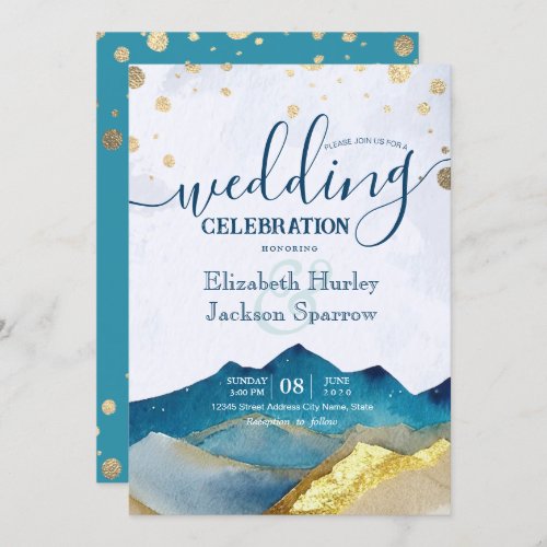 Watercolor Blue Gold Foil Mountain Outdoor Wedding Invitation