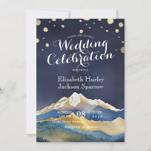 Watercolor Blue Gold Foil Mountain Outdoor Wedding Invitation