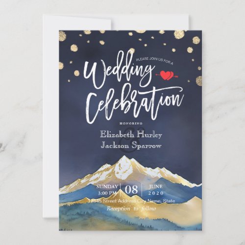 Watercolor Blue Gold Foil Mountain Outdoor Wedding Invitation