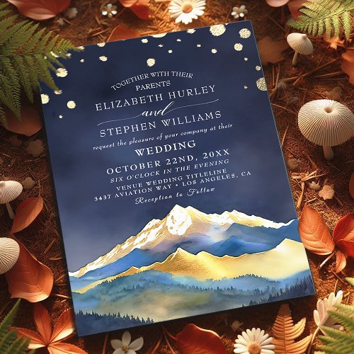 Watercolor Blue Gold Foil Mountain Outdoor Wedding Invitation