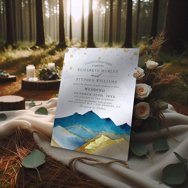 Watercolor Blue Gold Foil Mountain Outdoor Wedding Invitation (Creator Uploaded)
