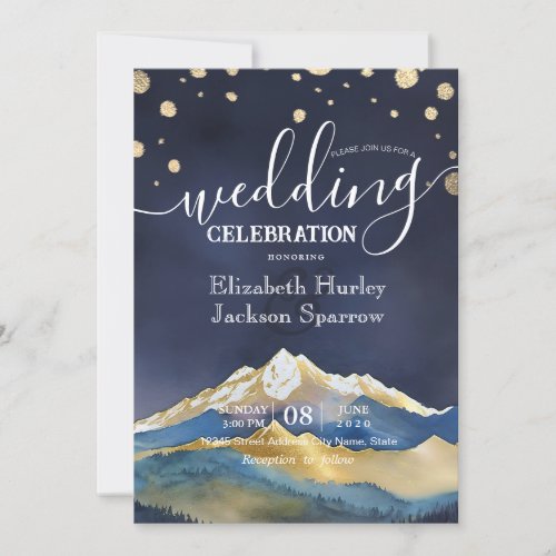 Watercolor Blue Gold Foil Mountain Outdoor Wedding Invitation