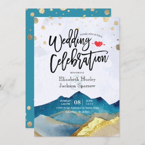 Watercolor Blue Gold Foil Mountain Outdoor Wedding Invitation