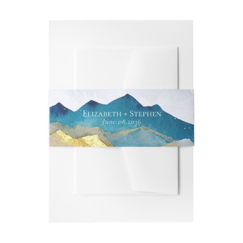 Watercolor Blue Gold Foil Mountain Outdoor Wedding Invitation Belly Band