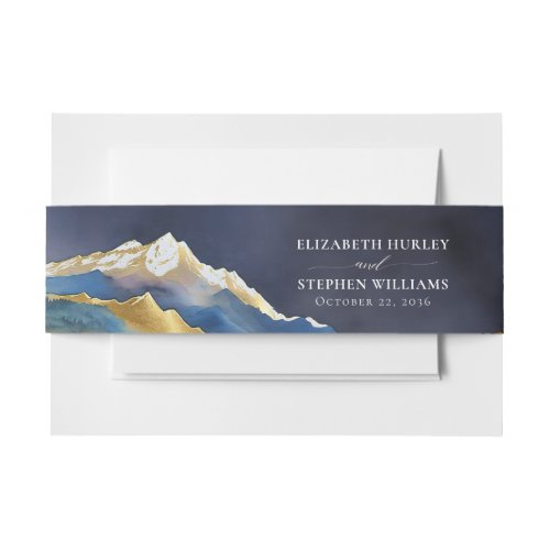 Watercolor Blue Gold Foil Mountain Outdoor Wedding Invitation Belly Band