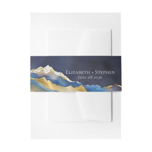 Watercolor Blue Gold Foil Mountain Outdoor Wedding Invitation Belly Band