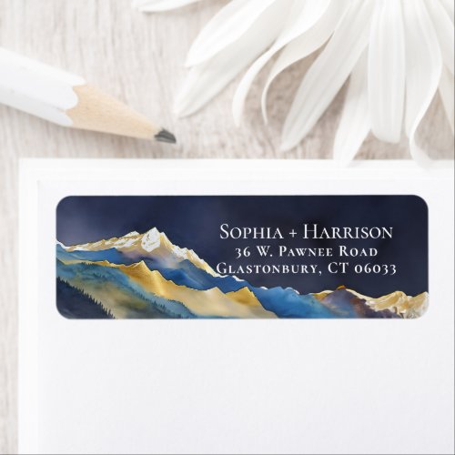 Watercolor Blue Gold Foil Mountain Outdoor Wedding Label