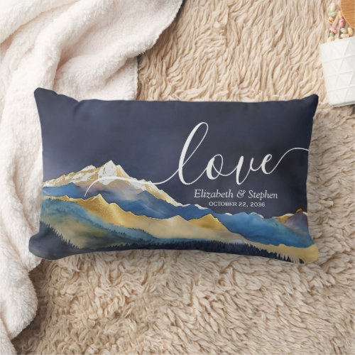 Watercolor Blue Gold Foil Mountain Outdoor Wedding Lumbar Pillow