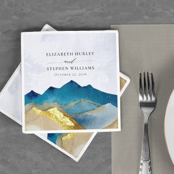 Watercolor Blue Gold Foil Mountain Outdoor Wedding Napkins by ReadyCardCard at Zazzle