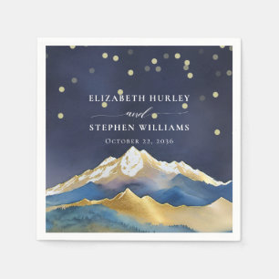 Watercolor Blue Gold Foil Mountain Outdoor Wedding Napkins