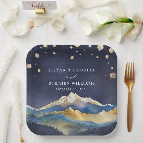 Watercolor Blue Gold Foil Mountain Outdoor Wedding Paper Plates