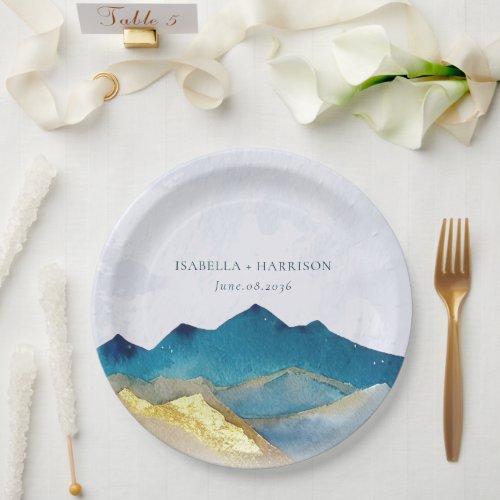 Watercolor Blue Gold Foil Mountain Outdoor Wedding Paper Plates