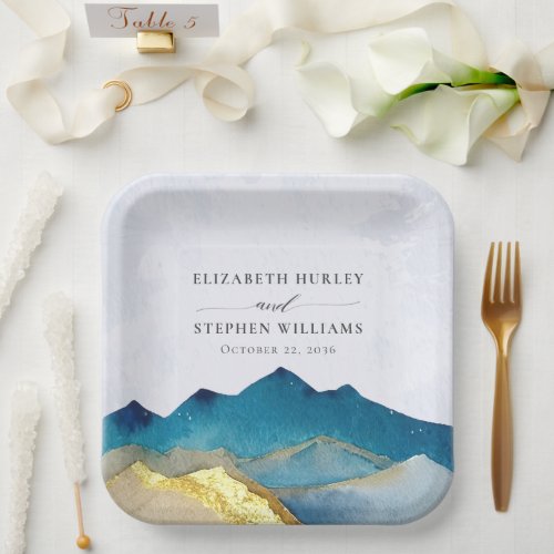 Watercolor Blue Gold Foil Mountain Outdoor Wedding Paper Plates