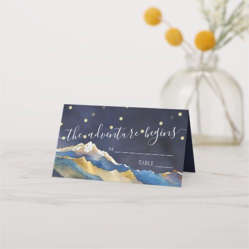 Watercolor Blue Gold Foil Mountain Outdoor Wedding Place Card