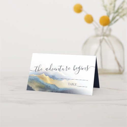 Watercolor Blue Gold Foil Mountain Outdoor Wedding Place Card