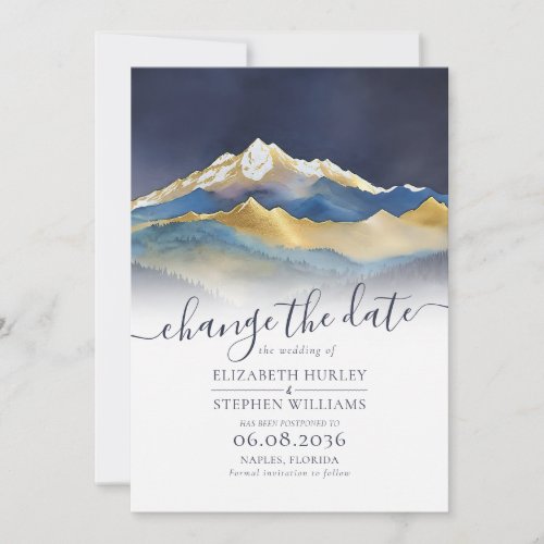 Watercolor Blue Gold Foil Mountain Outdoor Wedding Save The Date